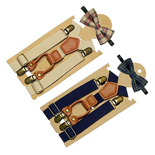 2 Pack Kid Bow Tie and Suspender, Toddler Suspender with Plaid Bow Tie