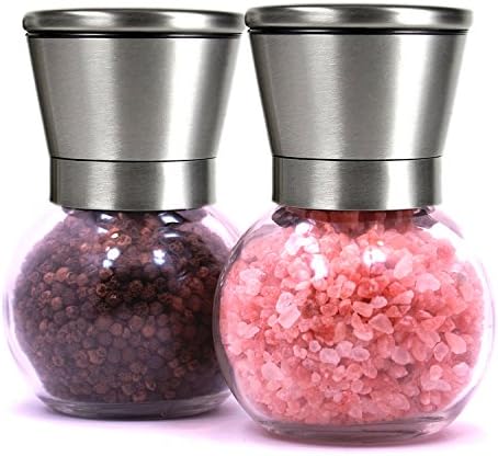 Brushed Stainless Steel Salt Mill and Pepper Grinder Set With Round Glass Globes - Isa Cucina