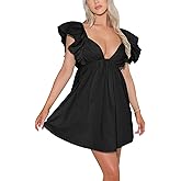 Zebaexf Womens Spring Summer V Neck Knot Back Causal Strap Short Flowy Swing Mini Dress