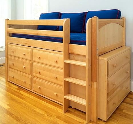 Twin Low Loft Bed In Natural Finish With Six Three Drawer
