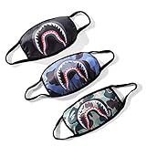 Bape Shark Face Mask for Boys Grils Kids, 3 Pack Anti Dust Cotton Mouth Masks Fashion Half Mask for Ski, Cycling, Camping, Shopping, Halloween, Christmas, Pet Grooming, (Black, Green, Blue)