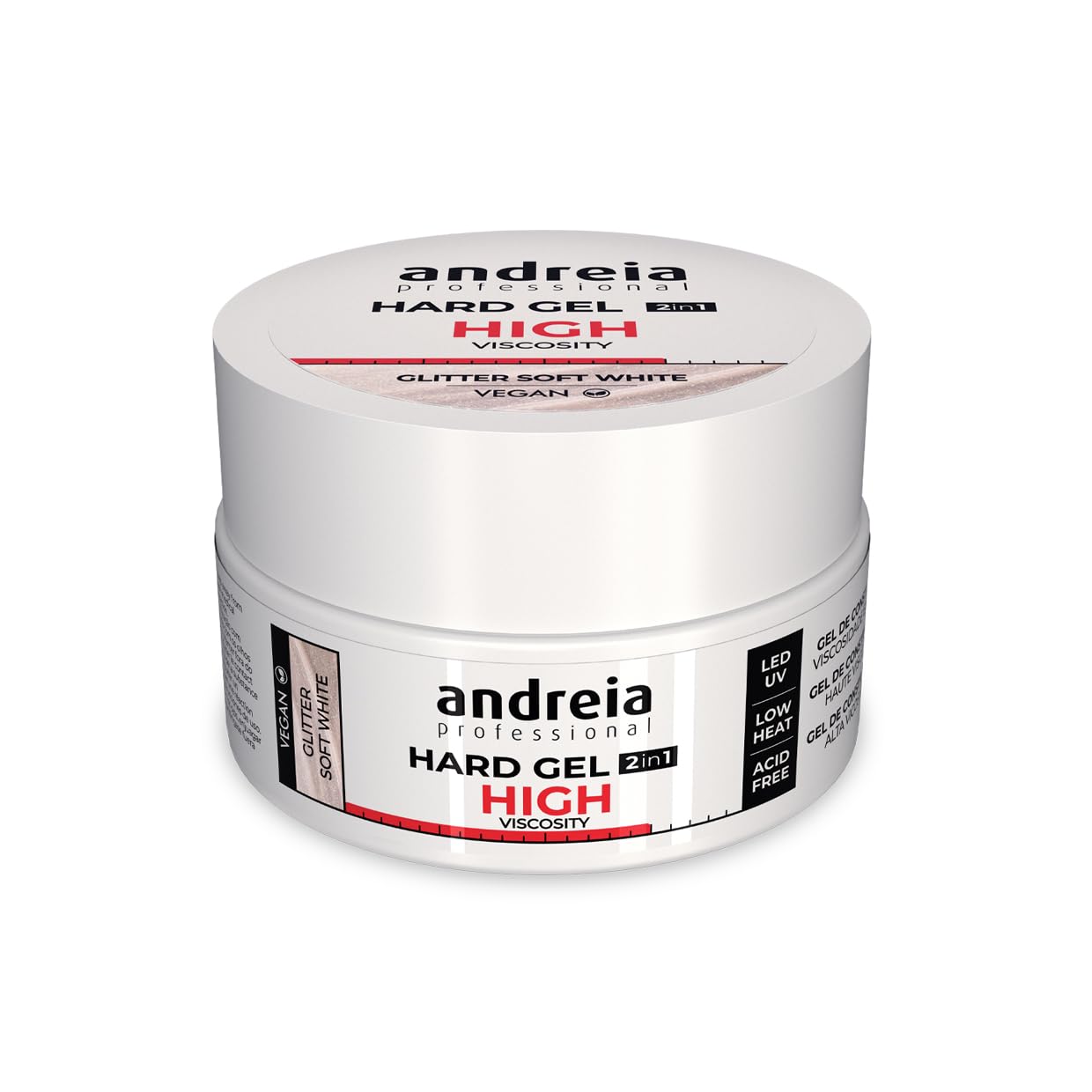 Andreia Professional Hard Nail Gel Biphasic 2 in 1 LED et UV Gel Nail Builder - High Viscosity for Hard Strong Nails Tips and Extensions - Build Up Gel for Nails - Colour Glitter Soft White 22g
