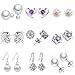 9 Pairs Silver Plated Zircon Crown Flower Pearl Stud Earrings Set with 316L Stainless-steel Post