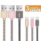 OTISA Charger Cable for Phone, Charger Cord 3 Pack Nylon Braided Charging Cord Compatible Phone xs/xsmax/xr/8/8plus/7/7plus/6/6plus pad pod & More(Gold/Pink/Grey)   