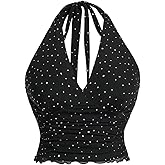 MakeMeChic Women's Plus Size Halter Top Polka Dots Tie Open Back Y2K Party Crop Top Rave Outfits