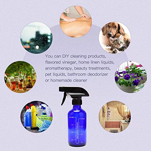 Empty Glass Spray Bottles 8oz ULG 6 Piece Boston Round Cobalt Blue Bottle Heavy Duty Black Trigger Sprayer Mist and Stream Settings Refillable Container with Scale for Essential Oils Cleaning Products