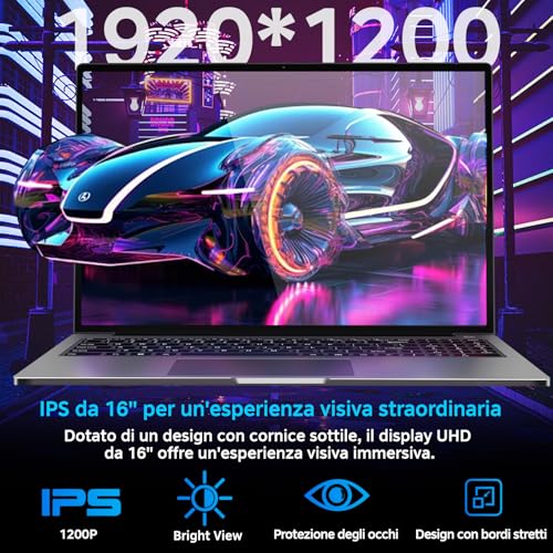 bvate Laptop Gaming 16 GB RAM 512 GB 1TB SSD Expansion Core i3 (up to 3.2 GHz) Notebook 16 Inch Laptop 1920 x 1200 IPS UHD 5G WiFi with Mouse & Keyboard Stickers Italian-Grey | Schermo IPS 1920×1200 FHD+, CPU fino a 3,2GHz, 5G WiFi, Mouse e adesivi tastiera italiana inclusi