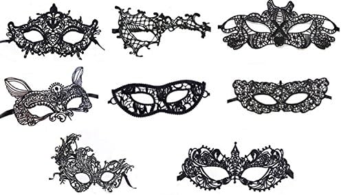 JS CHOW Pack Of 8 Women's Black Lace Venetian Masquerade Ball Halloween Party Club Cosplay Lace Masks