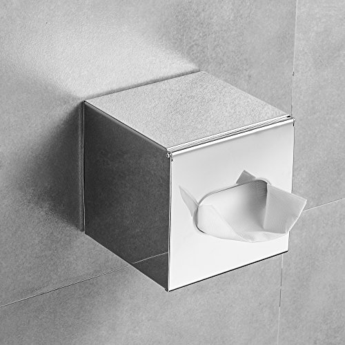 JunSun Square Stainless Steel Facial Tissue Box Cover Napkin Holder Tissue Box Holder-Wall Mounted or Freestanding Use for Bathroom, Bedroom or Office-Mirror Polished Finish