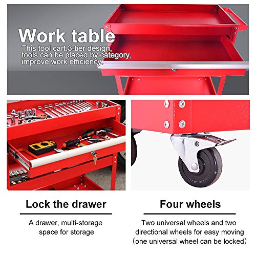 Rolling Tool Cart, 3 Trays Service Tool Cart with Lockable Drawer, Multifunctional Tool Cart, Utility Cart, Mobile Storage Cabinet, Tool Storage Organizer (red)