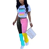 Casual 2 Piece Outfit Sets for Women Color Block Short Sleeve T-Shirts + Stacked Flare Pants Tracksuit Sweatsuit