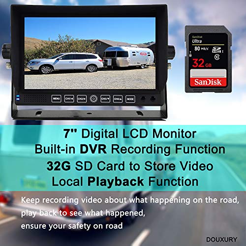 DOUXURY Backup Camera System, 4 Split Screen 7'' Quad View Display HD Monitor with DVR Recording Function, Waterproof Night Vision Cameras x 4 for Truck Trailer Heavy Box Truck RV Camper Bus - Thumbnail 2