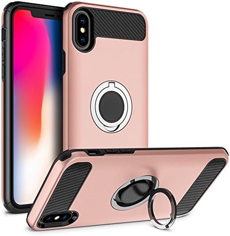 iPhone X Case, Vabogu Multi-function Car Holder Stand Magnetic Suction Bracket Finger Ring TPU + PC Case for iPhone X (Rose gold)