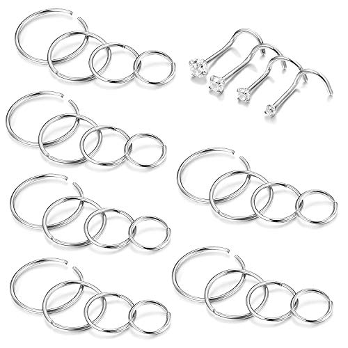 Finrezio 28 Pcs 20G Stainless Steel Nose Rings Hoop Nose Studs Cartilage Helix Tragus Hoop Ear Piercing Body Jewelry Set