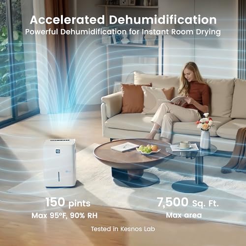 Kesnos 150 Pints Energy Star Dehumidifier for Home & Basement with Drain Hose, Front LED Display and 2.12 Gal Water Tank, Ideal for Spaces up to 7,500 Sq. Ft., Featuring Auto Defrost & Timer Function