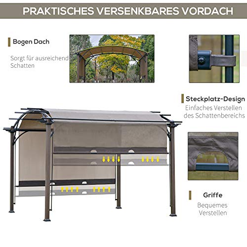 Outsunny Pavillon Pergola mit einstellbarem Stoffdach UV+50 Überdachung Wasserfest Sonnenschutz Texteline Stahl Kaffee… – Bild 4