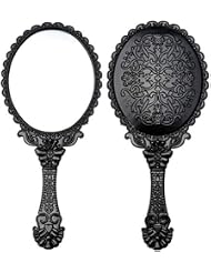 AKOAK 1 Pack Creative Retro Pattern Handle Makeup Mirror Portable Carry-on Lace Mirror Hand-held Mirror Makeup Tool (Black)