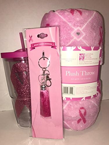 Breast Cancer Awareness Pink Ribbon Hope Throw Blanket, Survivor Bundle with 24oz Tumbler and Key Chain