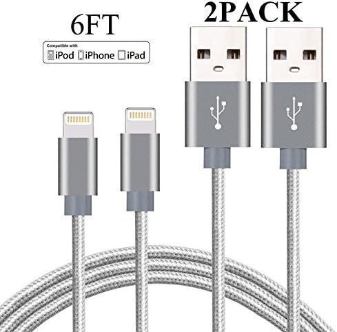 iPhone Cable,Extra Long 2Pack 6FT Nylon Braided Cord Lightning Cable to USB Charging Charger for iPhone 7/7 Plus/6S/6S Plus,SE/5S/5,iPad,iPod Nano 7, Grey