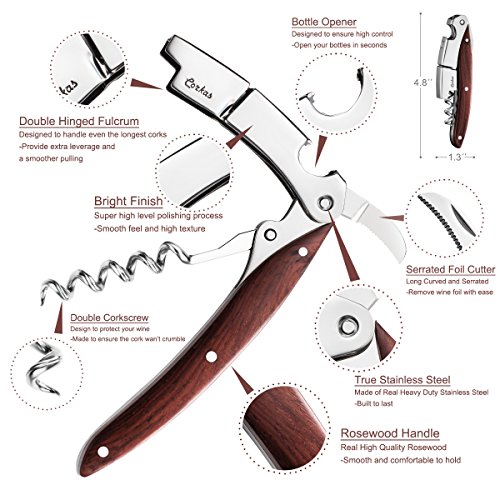 CORKAS Sommeliers Corkscrew, Upgrade All-in-one Wine Opener, Double Corkscrew, Quick Bottle Opener, Smooth Cuting Foil Cutter with Premium Rosewood, Perfect Gift for Sommeliers,Waiters and Bartenders