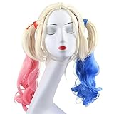 Ecvtop Blue Pink Two Colors Wavy Halloween Cosplay Wigs with Ponytails