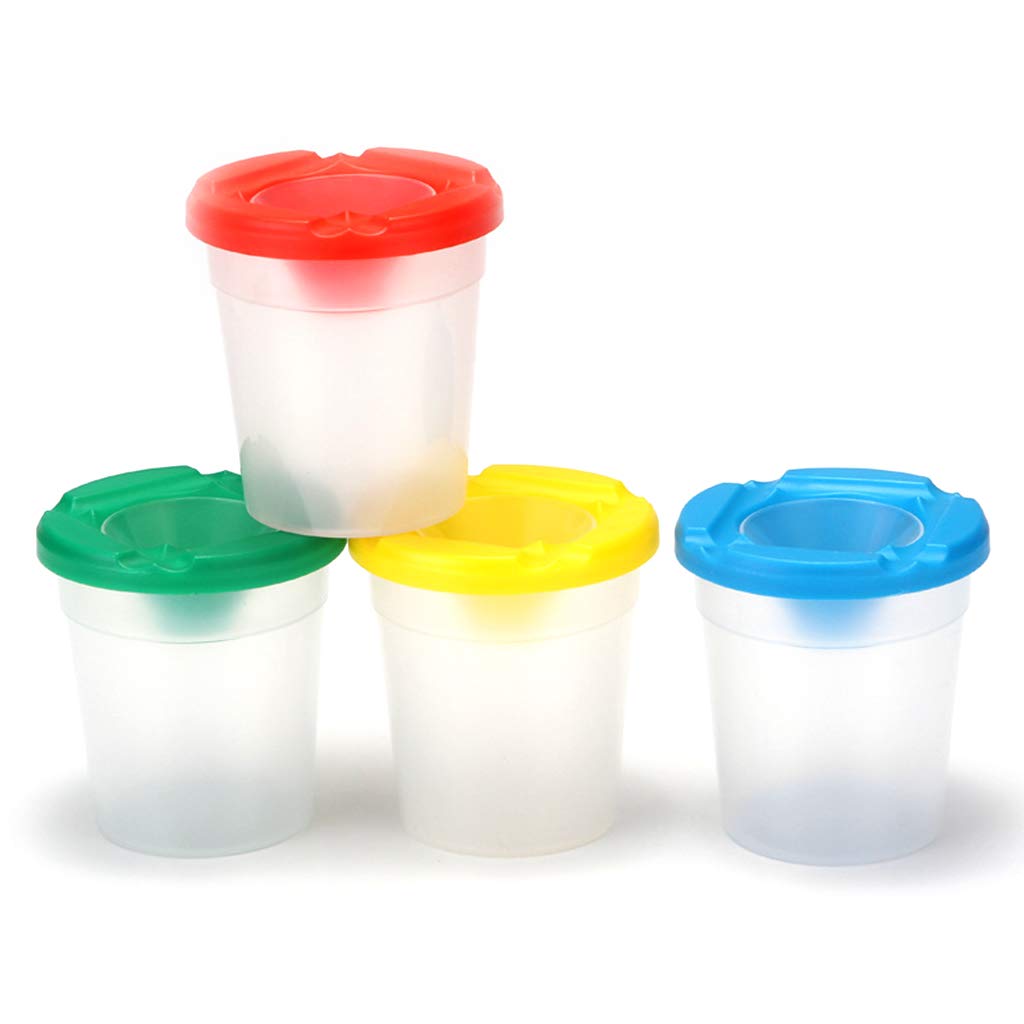 Set De 4 Vasos De Pintura Con Tapa Y Pinceles - Antiderrames, Ideales Para Escuela Y Hogar