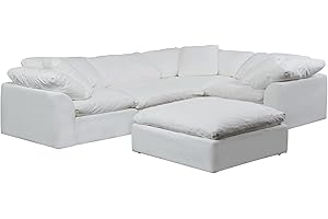 Sunset Trading Contemporary Puff Collection Slipcover Only for 5PC 132" L-Shaped Sectional Sofa with Ottoman | Performance Fabric Washable Water-Resistant Stain-Proof|Modular Couch Fitted Covers,White
