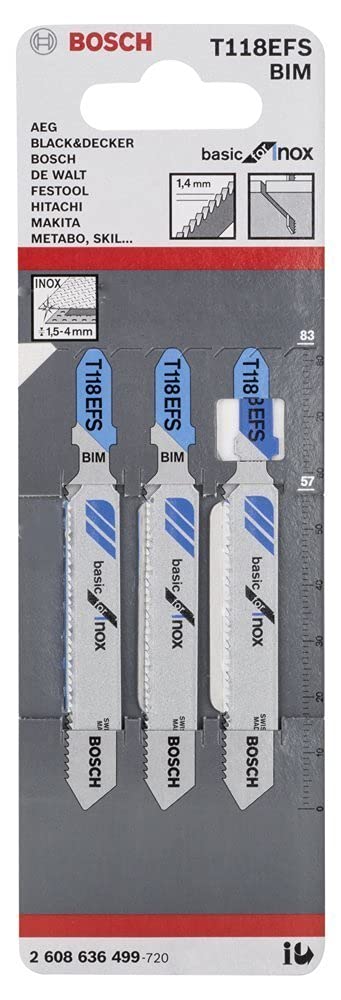 Bosch Professional 3x Jigsaw Blade T 118 EFS Basic for Inox (for Stainless steel sheets, Accessories Jigsaw)