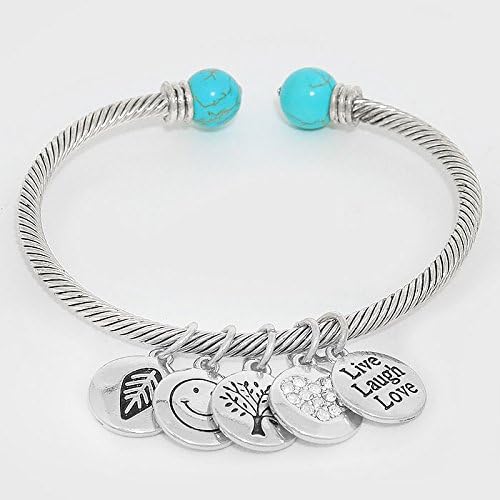 Womens Fashion Valentine "Live Laugh Love" Tree of Life Disc Charm or "I Love You" Message Disc Charm Cuff Bracelet with Red Pouch in Gold or Silver (silver-plated-base, live laugh love)