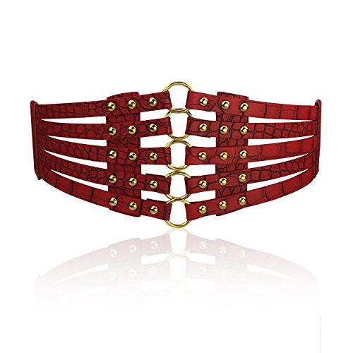 KOL_Fashion Fashion Women's PU Leather Wide Waist Belt Hollow Out Rivets Stretch Cinch Waistband