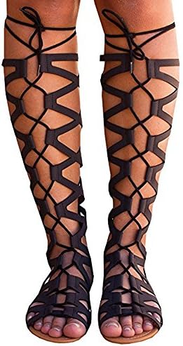 Palster Sandals for Women Gladiator Flat Lace Up Suede Knee High Strappy