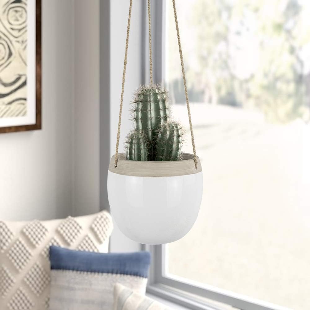 Ceramic Hanging Planters Plant Pots - 5.5 Inch White Indoor Hanging Pots Modern Plant Holder with Jute Rope for Succulents Cactus Herbs Small Plants, Home Decor Gift, Set of 2: Garden & Outdoor