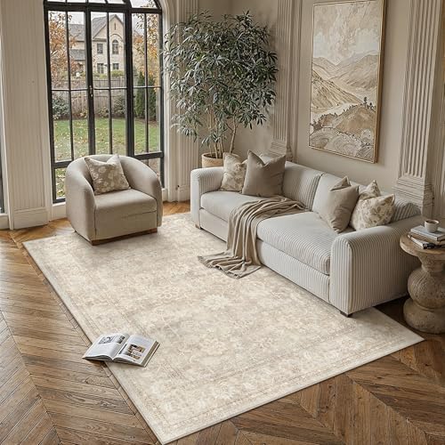 PureCozy Vintage Carpet Living Room 160 x 230 cm Beige Large Room Rugs Non-Slip Washable Washing Machine Folder Living Room Dining Bedroom Office Short Hair Carpet