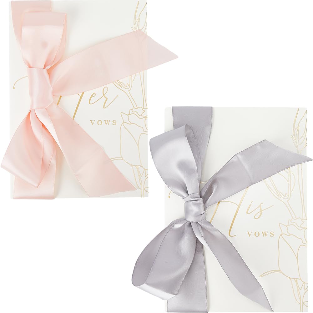 GORGECRAFT 2Pcs Wedding Vows Cards with Ribbons Gold Foil Folded His and Hers Vow Books Flower Pattern Elegant Envelopes Wedding Gift Registry Ideas for Bride and Groom White 7.91x5.59inch