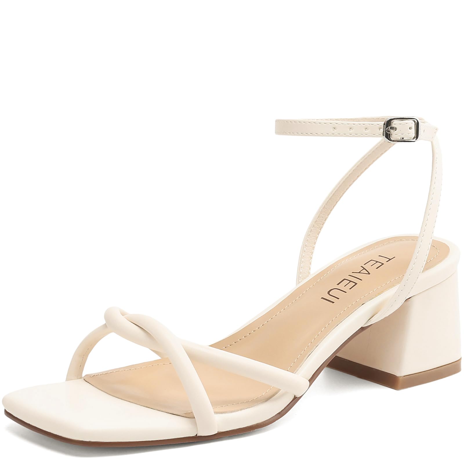 Photo 1 of (8.5) (USED/FAIR) TEAIEUI Women's Sandals White Strappy Heels for Women Dressy Open Square Toe Comfort Chunky Block Heel Dress Shoes for Prom Party Wedding 8.5