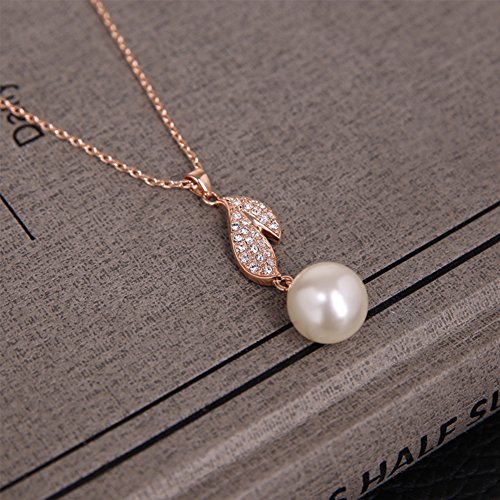KAVANI Women's Rose Gold Silver Plated Heart-Shaped Leaf Pearl Zircon Jewelry Set Pendant Necklace Earring Set