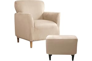 UNBBRRL Slipcover Set, Stretch Velvet Chair and Ottoman Cover, Banquet Armchair Covers for Living Room (Khaki, Chair + Ottm)