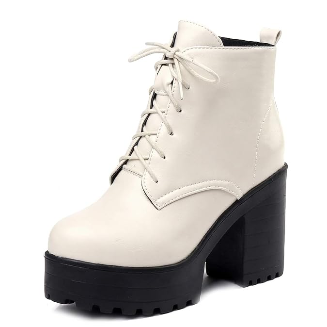 Bigtree Damen Stiefeletten Plattform Schnüren High Heels mit Blockabsatz Winter Pelz Gefüttert Motorrad Kampfstiefel