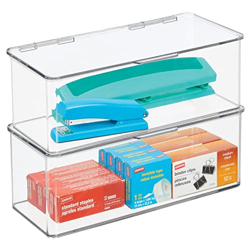 mDesign Plastic Stackable Storage Organizer Box with Hinged Lid Long