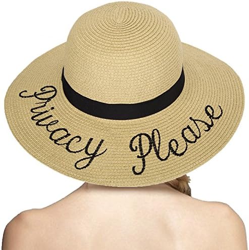 LONSANT Women's Paper Weaved Crushable Beach Embroidered Quote Adjustable Floppy Brim Sun Hat (Privacy Please)