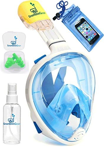 SnorkelinGear Snorkel Mask Set for Adults and Children, Full Face Easybreath Snorkeling Gear with 180 Sea View including Universal Waterproof Case Anti Fog Spray with Earplugs(Blue, L/XL)