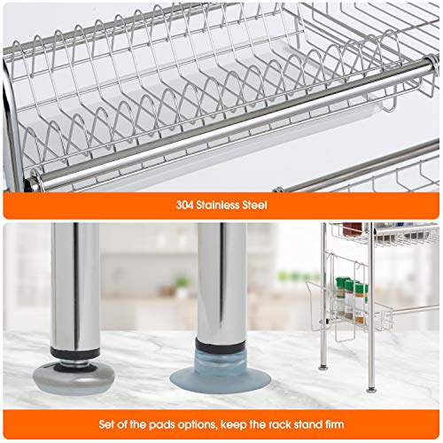 Dish Drying Rack Over the Sink with Drain Board 304 Stainless Steel Dish Rack for Counter Dish Drainer Shelf 2 Tier Kitchen Supplies Storage Display Stand Tableware Organizer Utensils Holder - Thumbnail 2