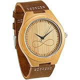 WONBEE Bamboo Wood Watches Cowhide Leather Strap Unisex,Bonus 2 Wooden Bead Bracelets