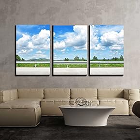 3 Piece Canvas Wall Art - Beautiful Roadside View with Green Nature and Blue Sky Background - Modern Home Art Stretched and Framed Ready to Hang - 16"x24"x3 Panels