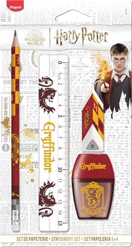 Maped - Gryffindor Stationery Set 4 Pieces - 1 Transparent Ruler 15 cm + 1 Pencil Sharpener 1 Hole + 1 Eraser + 1 HB Pencil - Official Harry Potter Licensed