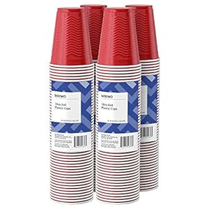 Four stacks of red cups