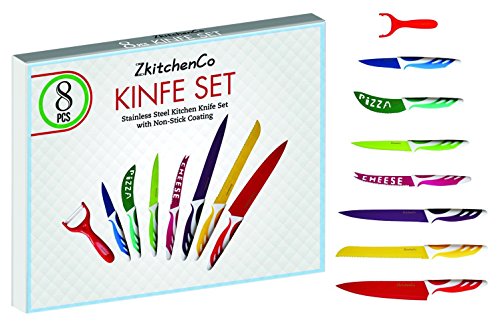 ZkitchenCo 8 piece Kitchen knife cutlery set, Cooking Gadgets, Stainless steel Multi-Colored Knives, Chef, Utility, Paring,Bread, Cheese, Pizza, PLUS Ceramic Peeler , Premium gift box