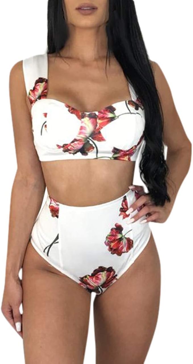 Amazon レディース 水着 花柄 Yangqigy 体型カバー 上下セット タンキニ 肩紐 パッドを付け ハイウエスト 着瘦せ セクシー ファンション 盛れる ボタニカル柄 ビキニ 快適 おしゃれ 海水浴 温泉 水泳 セパレーツ フィットネス ビーチ スイムウェア ビキニ セパレーツ