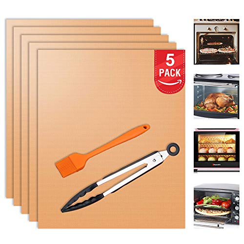 Besego Oven Liners, Set of 5 Non-Stick Oven Mats with Tong and Basting Brush, FDA-Approved Oven Accessories, Use for Electric, Gas, Microwave, and Toaster Ovens (Copper)