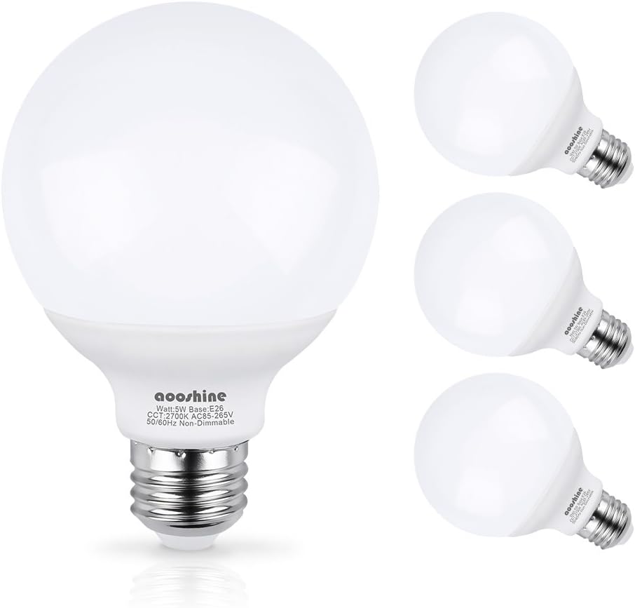 aooshine G25 LED Vanity Bulb 5Watts Globe Light Bulb (60W Incandescent Equivalent),2700K Soft Warm White E26 Base Bathroom Makeup Mirror Lights Bulb, Non-dimmable (Pack of 4)